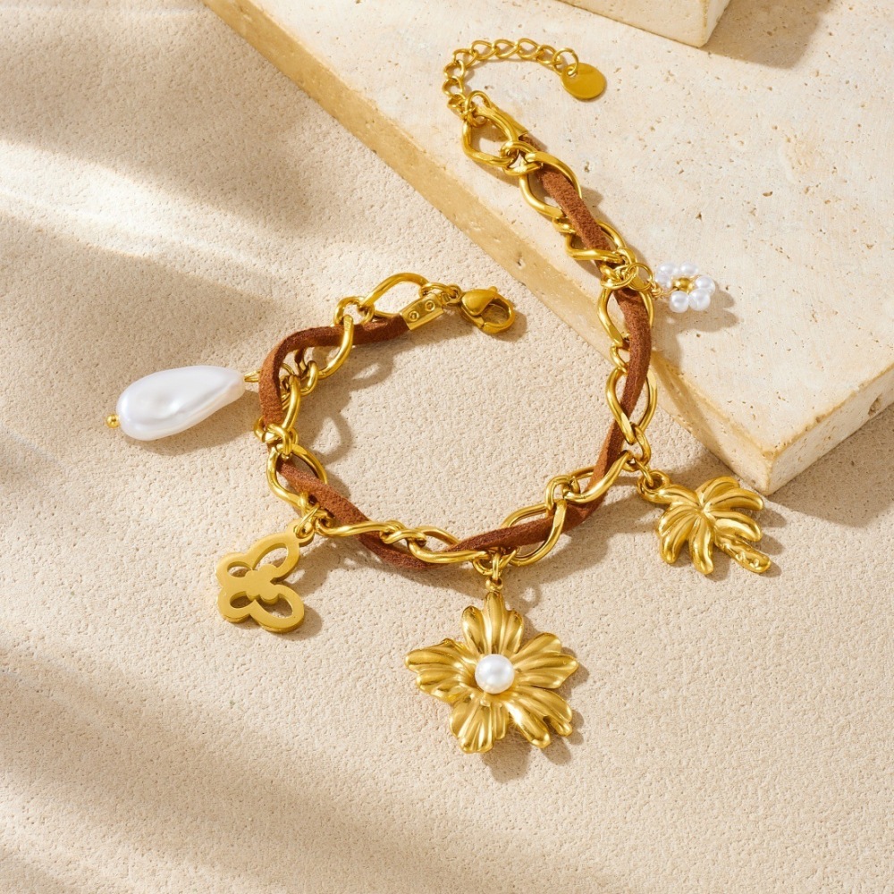 Cross-border fashion gold-plated hollow butterfly pearl flower coconut tree pendant brown velvet rope chain stainless steel bracelet