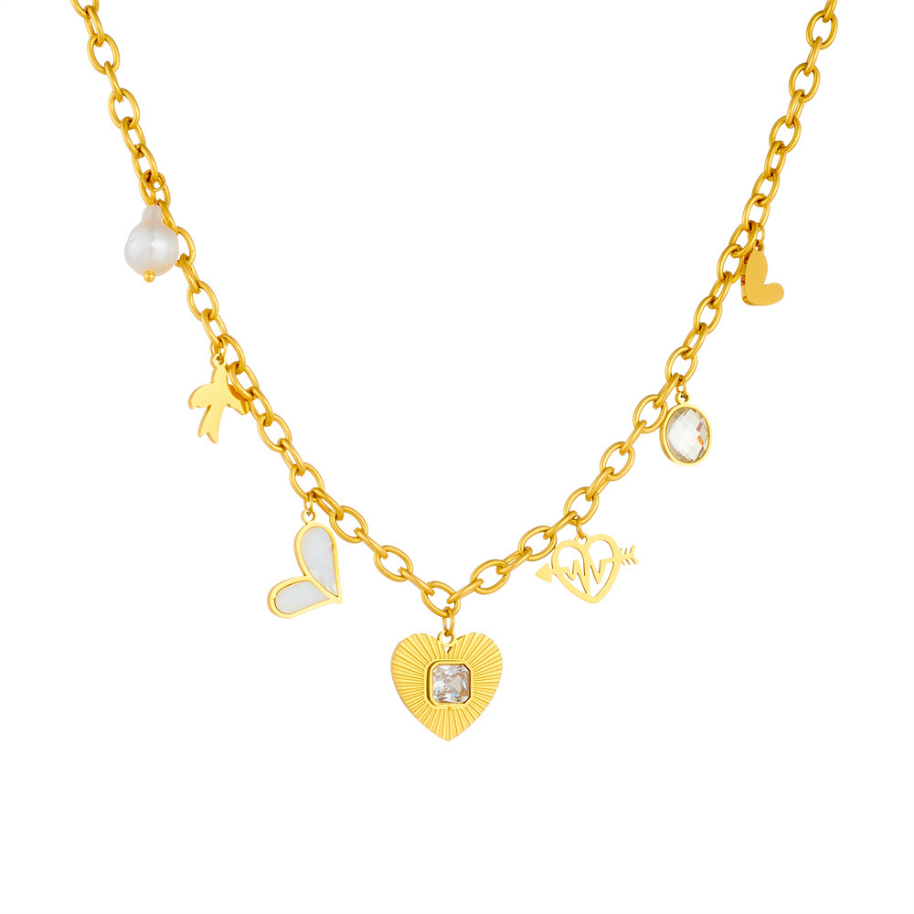 New cross-border style, unique multi-element design, diamond-encrusted arrow-pierced heart pendant chain stainless steel necklace