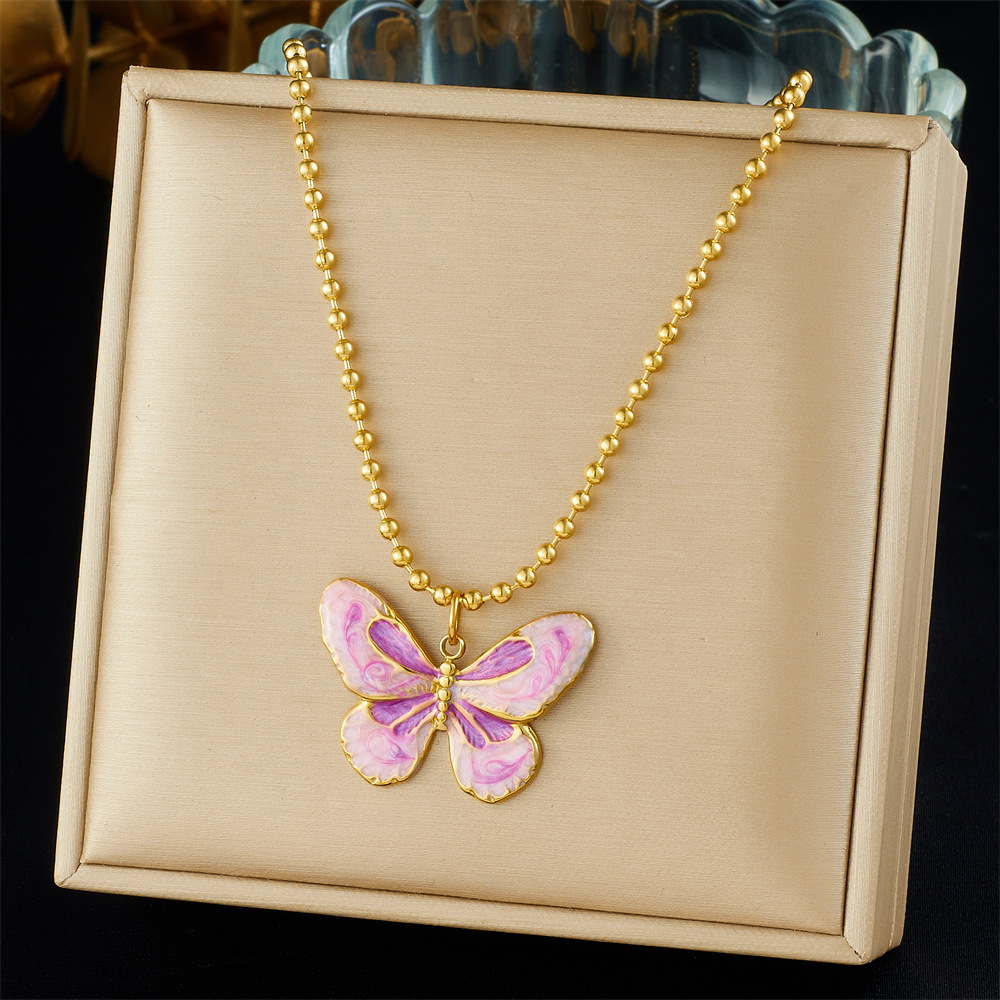 Korean style fresh and sweet blue-purple gradient butterfly and flower pendant snake chain stainless steel necklace