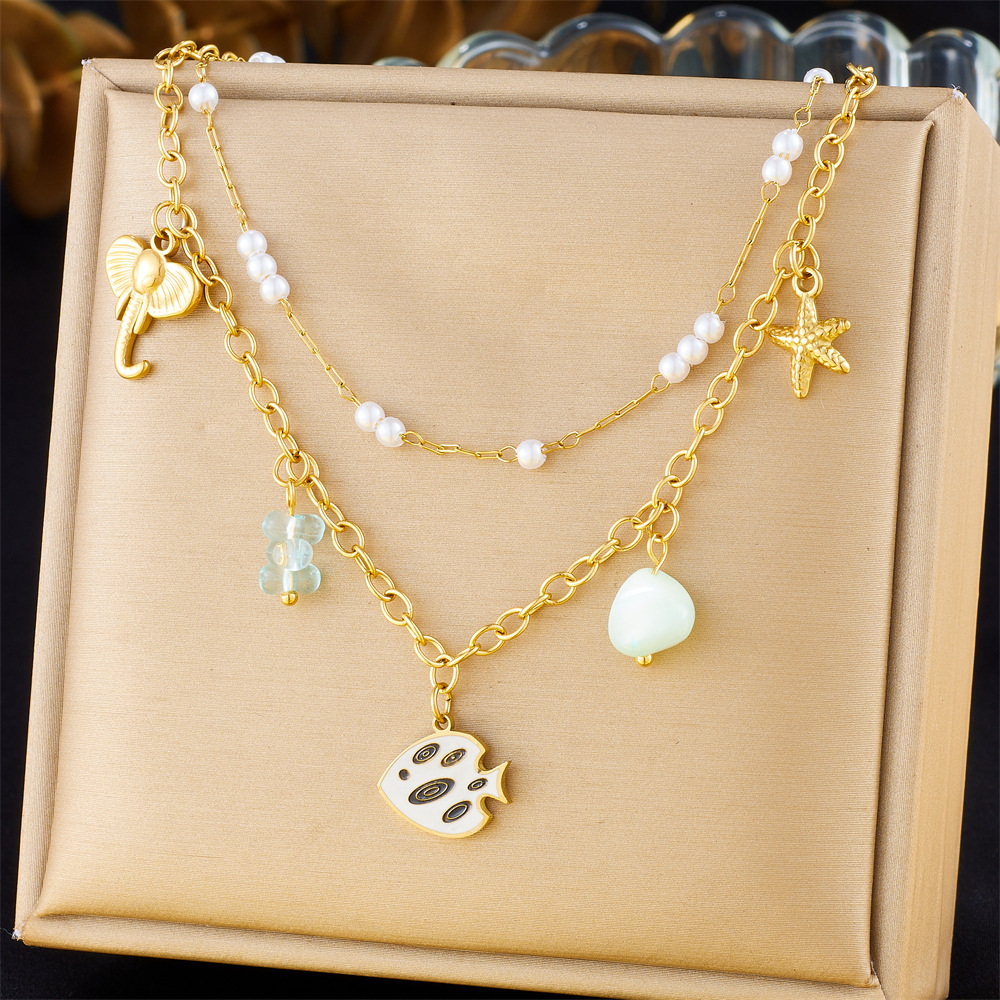 Ocean Series Stainless Steel Double-Layer Stacked Necklace with Xiaomi Pearl Star Seashell Pendant - Fashionable and Versatile Clavicle Chain