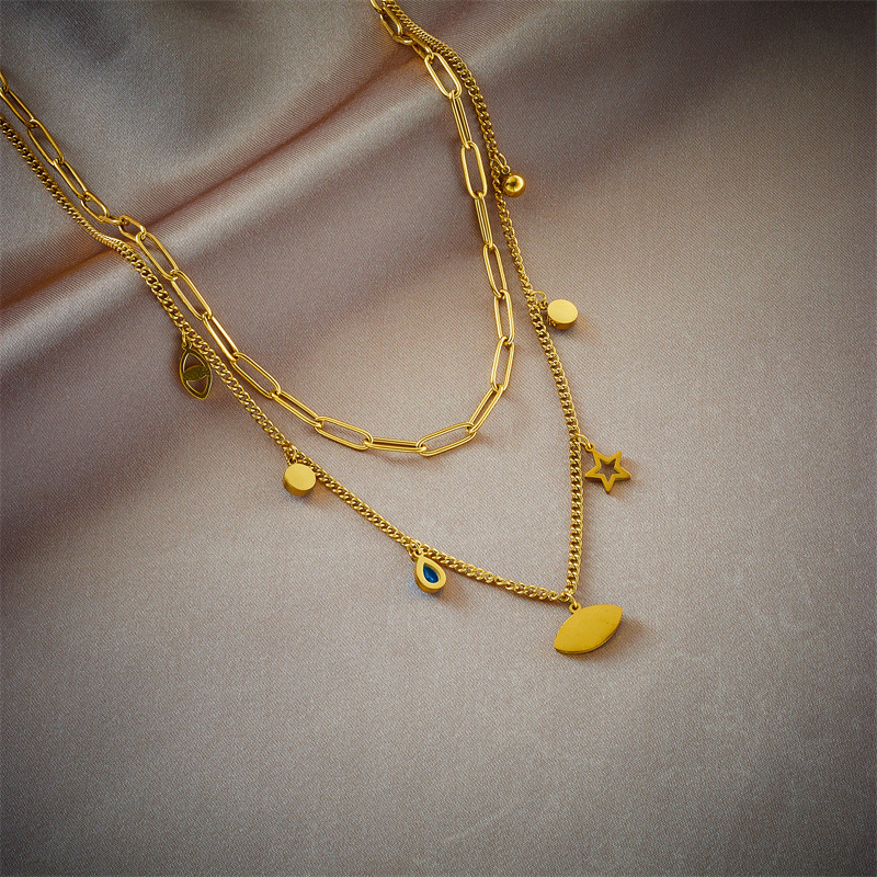 European and American style retro minimalist niche versatile double-layer chain hollow star eye pendant titanium steel necklace