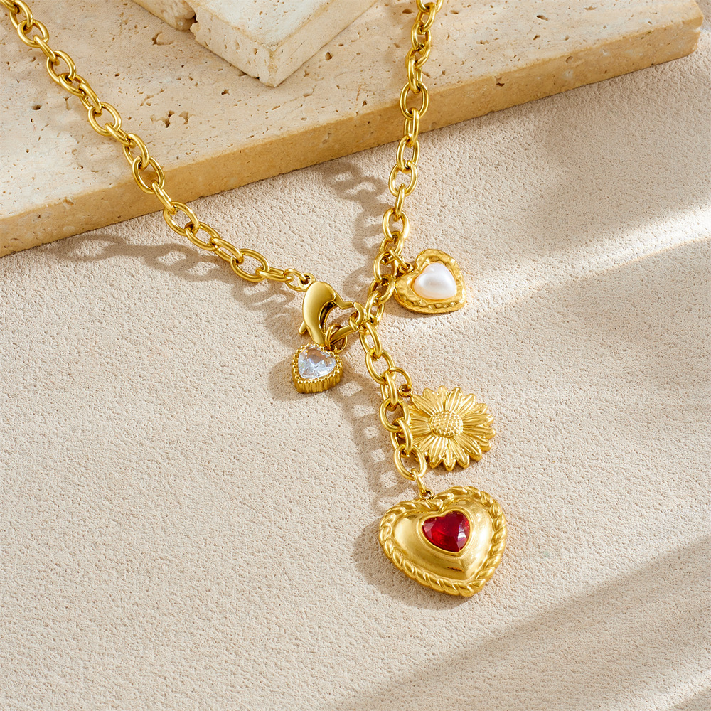 Cross-border fashion retro multi-element design gold-plated diamond-encrusted heart sunflower pendant chain tassel necklace