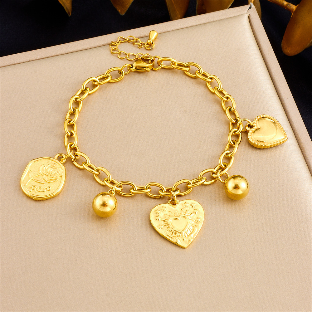 European and American cross-border retro minimalist sun heart pendant chain stainless steel gold-plated necklace and bracelet women's set