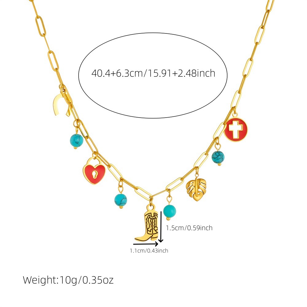 Cross-border fashion retro red dripping round hollow cross heart lock leaf boot pendant chain necklace