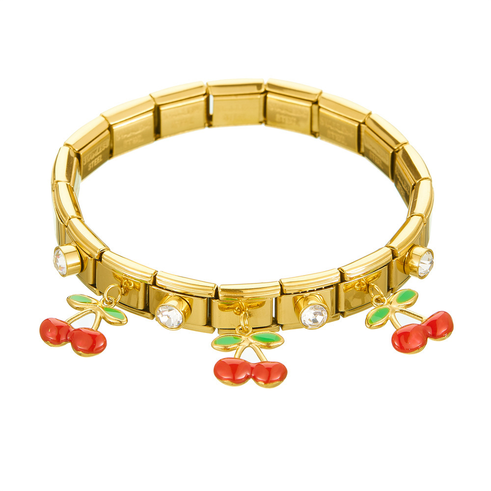 Fashionable cartoon dripping realistic cherry pendant, diamond-encrusted gold-plated stainless steel geometric square round bracelet