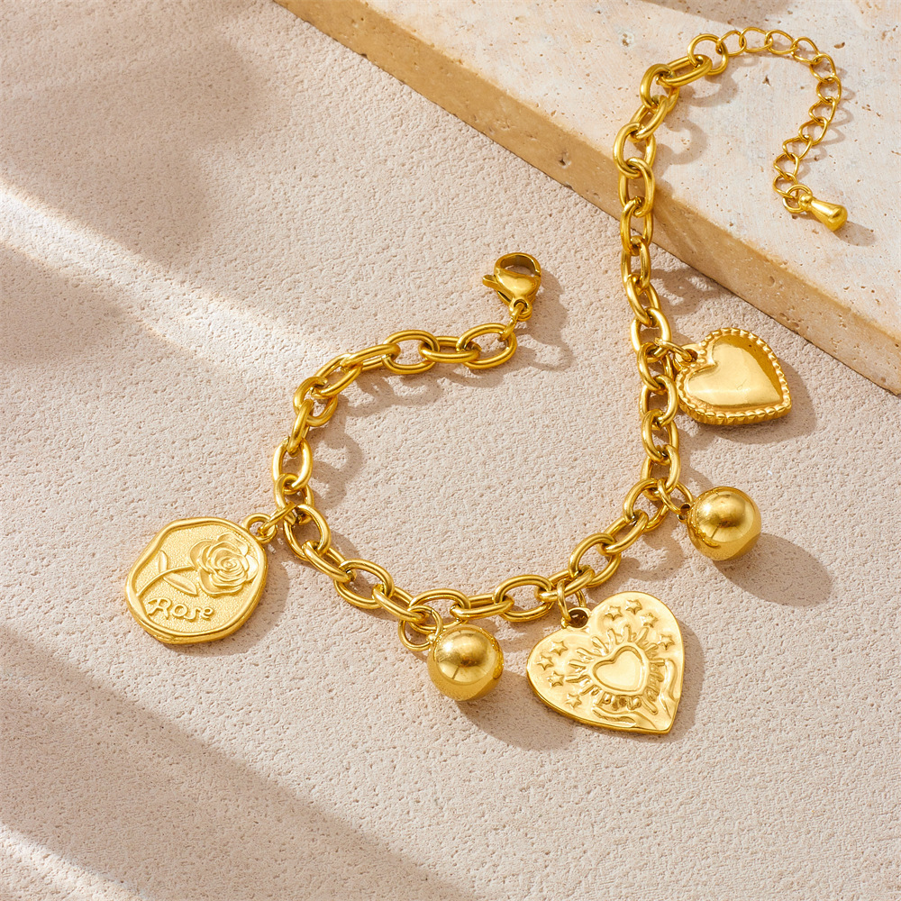 European and American cross-border retro minimalist sun heart pendant chain stainless steel gold-plated necklace and bracelet women's set