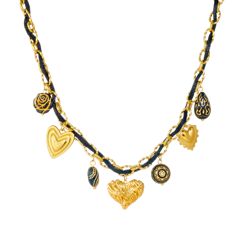 Vintage gold-plated black engraved geometric pendant, woven and wrapped stainless steel chain necklace