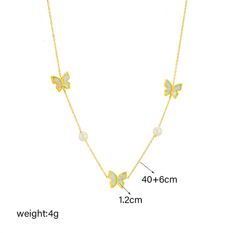 Korean style, niche, elegant, girly collarbone necklace with pearl and butterfly pendant, titanium steel chain, simple design.