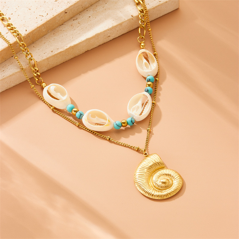 Cross-border retro trendy turquoise, conch, and seashell accessories, double-layer chain, stackable stainless steel necklace