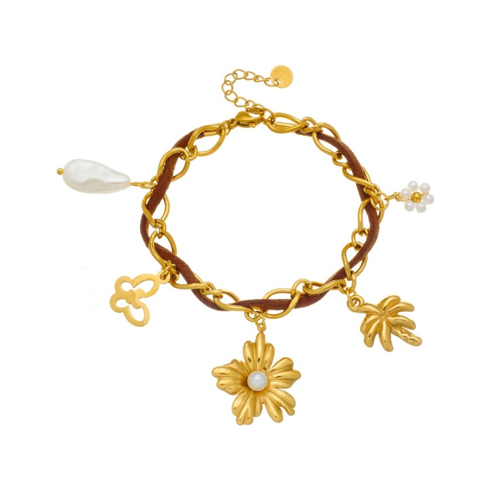 Cross-border fashion gold-plated hollow butterfly pearl flower coconut tree pendant brown velvet rope chain stainless steel bracelet