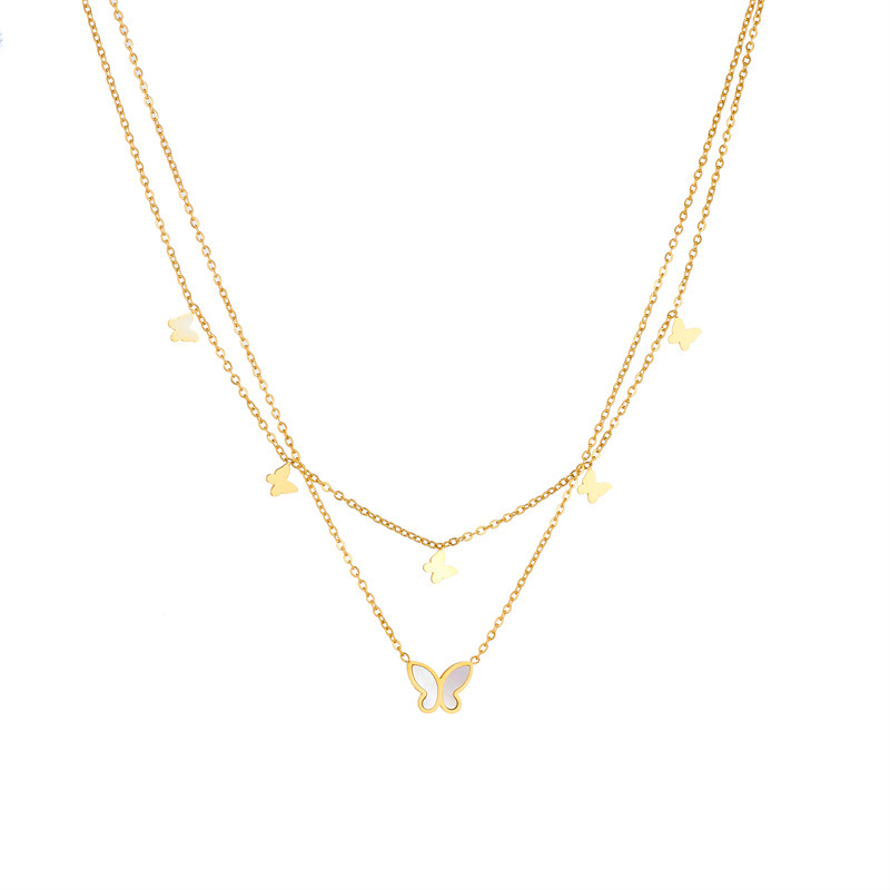 Stylish, minimalist, niche design, double-layered, smooth seashell butterfly pendant chain stainless steel necklace