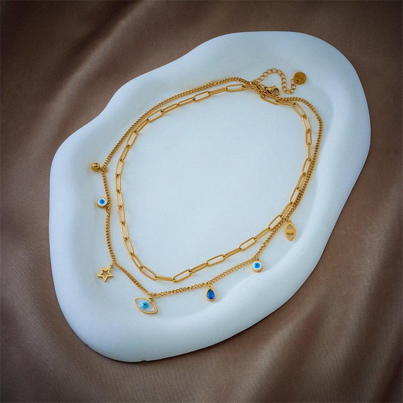 European and American style retro minimalist niche versatile double-layer chain hollow star eye pendant titanium steel necklace