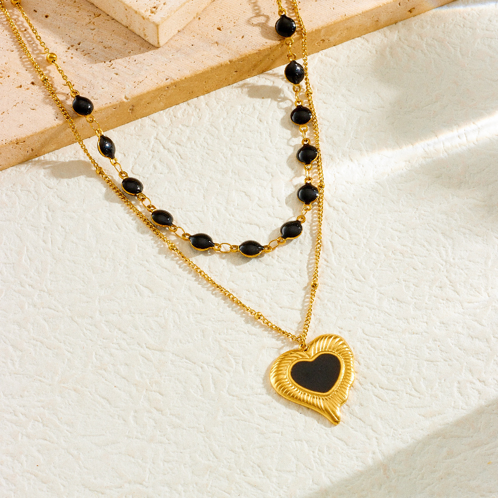 Fashionable and versatile black dotted round accessory heart-shaped pendant sun and moon painted diamond double-layer necklace