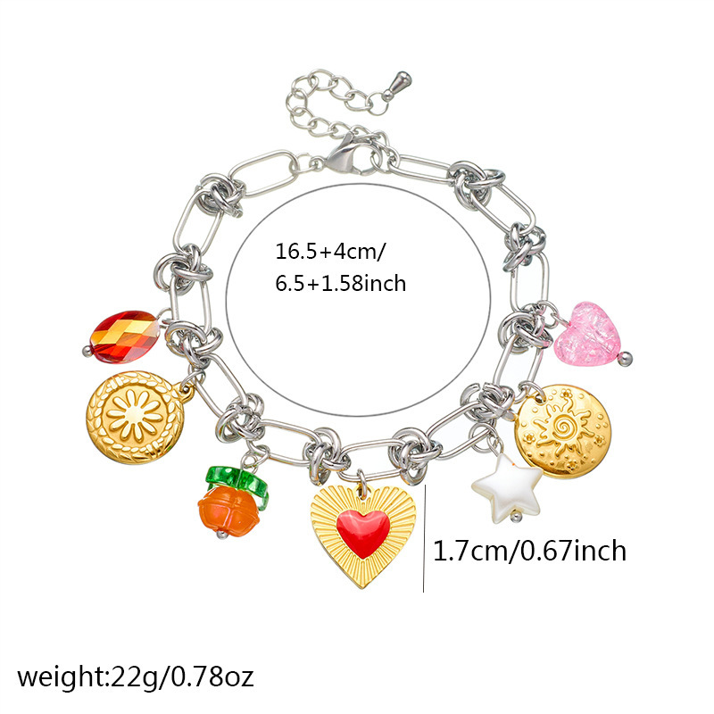 Cross-border trend, niche design, stainless steel dripping heart bow round pendant spliced bracelet