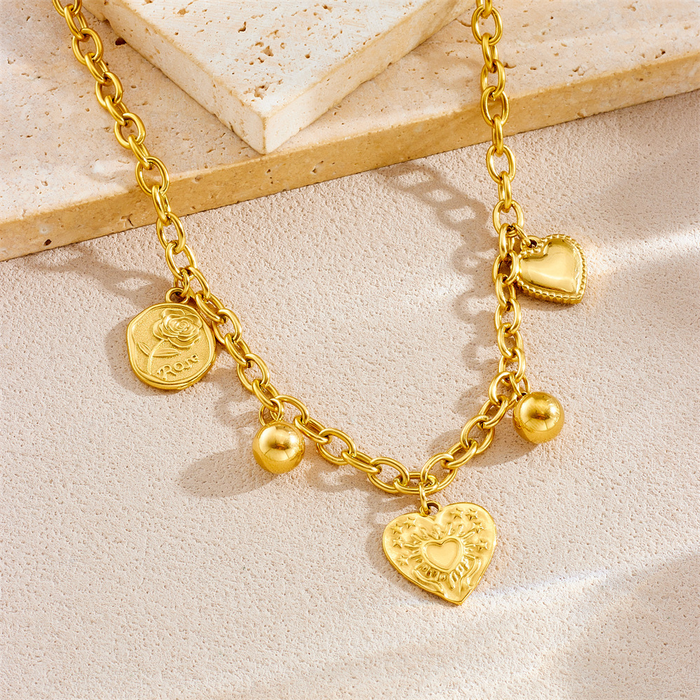 European and American cross-border retro minimalist sun heart pendant chain stainless steel gold-plated necklace and bracelet women's set