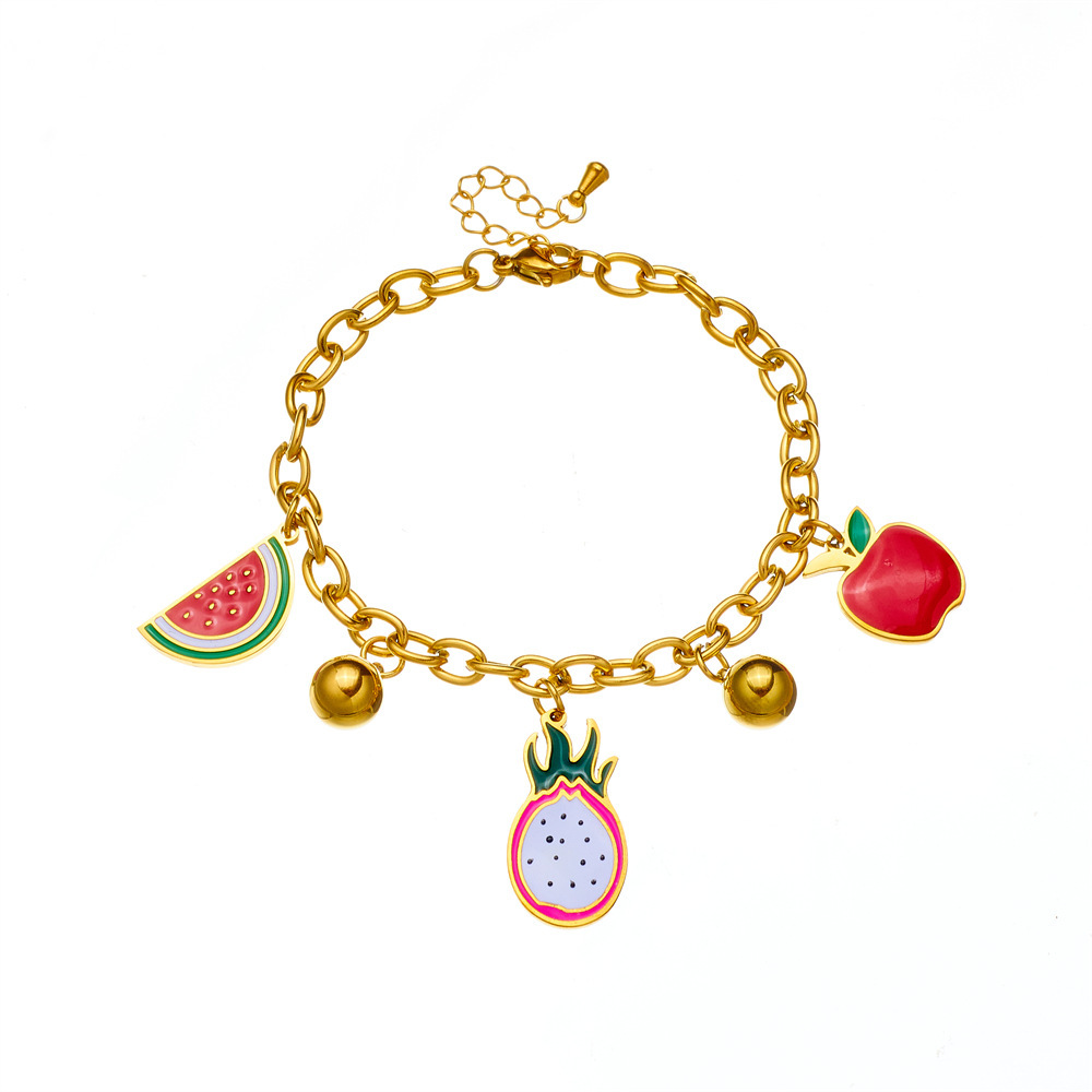 Cross-border cute cartoon fruit dripping accessories dragon fruit watermelon apple pendant chain stainless steel bracelet crystal