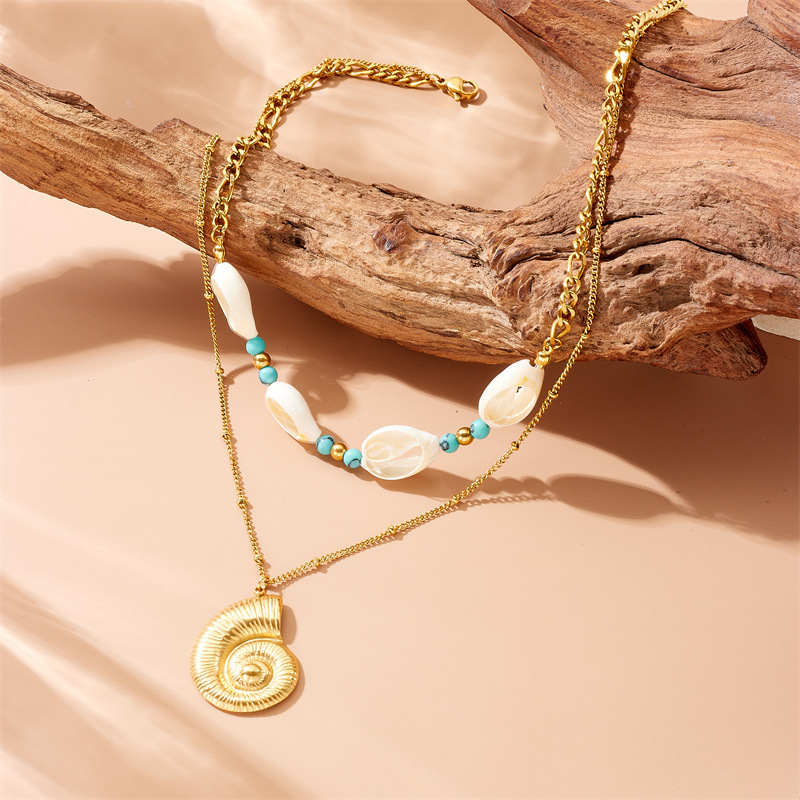 Cross-border retro trendy turquoise, conch, and seashell accessories, double-layer chain, stackable stainless steel necklace