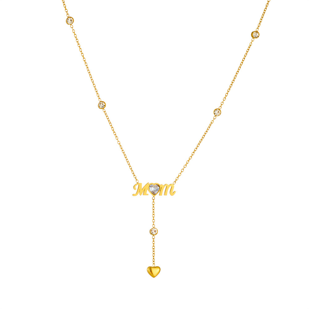 Korean style, fashionable, simple, commuter-friendly chain tassel, rhinestone-encrusted heart and letter connection, MOM pendant stainless steel necklace for women.