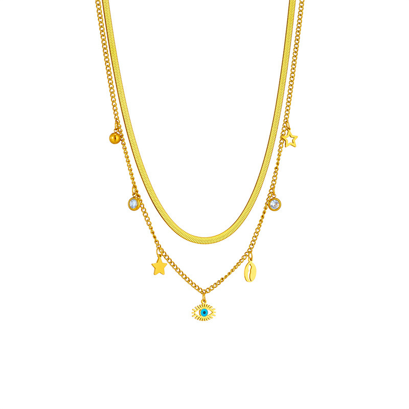 European and American cross-border fashion jewelry, double-layered stainless steel star and shell hollow eye pendant collarbone necklace.