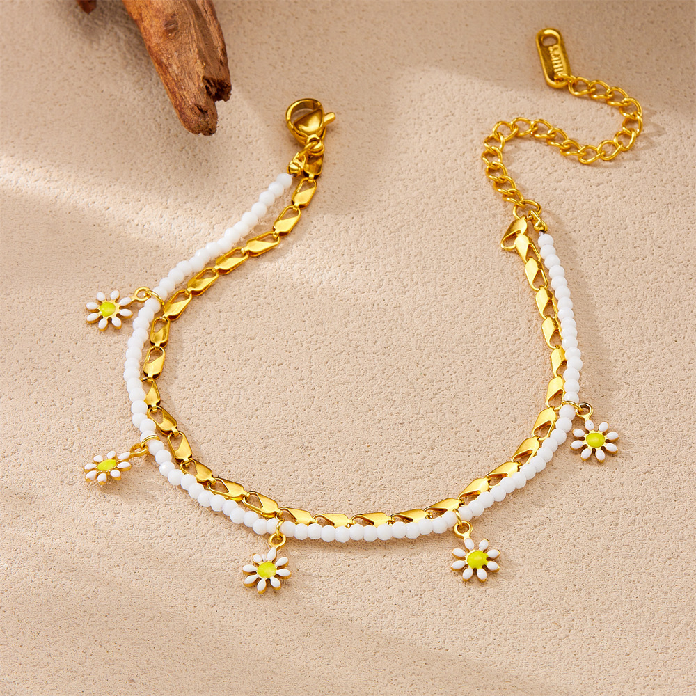 Fashionable cross-border woven white seed bead daisy pastoral style double-layer chain stainless steel anklet for women