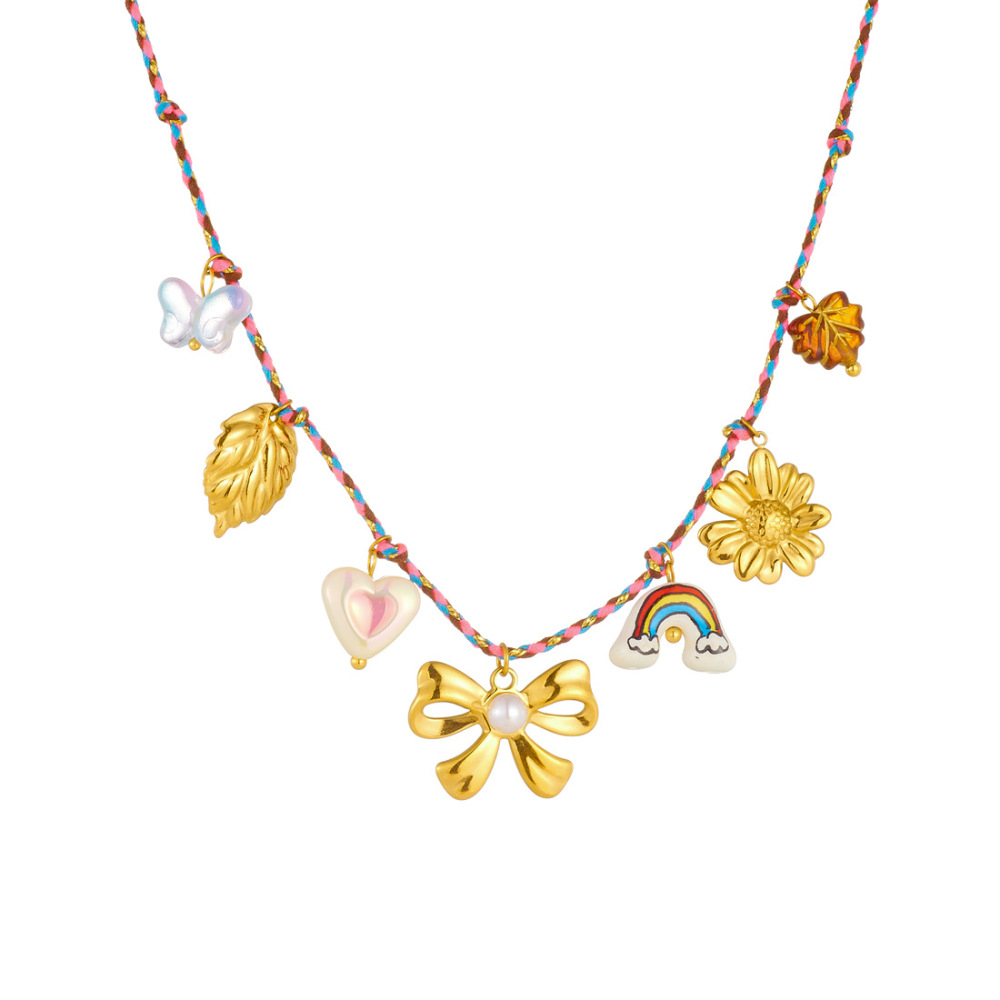 DIY stainless steel pendant necklace with colorful rope from Europe and America, creative and unique ceramic rainbow bow choker.