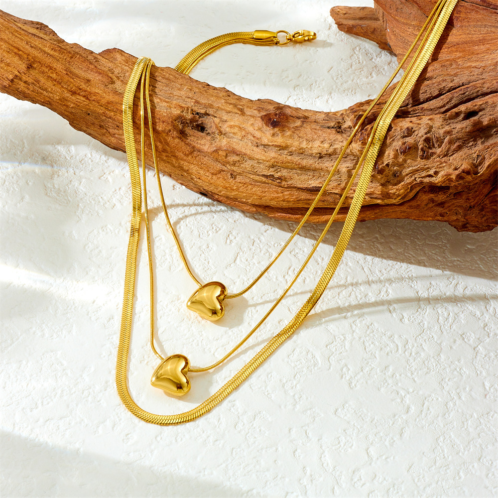 New European and American cross-border fashion style gold-plated smooth heart pendant multi-layer chain stainless steel minimalist style necklace