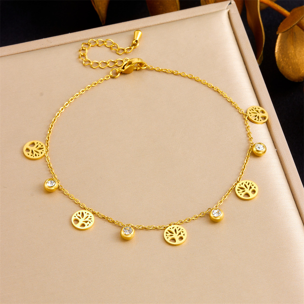 Cross-border fashion niche design diamond-encrusted hollowed-out round tree of life cross pendant chain stainless steel anklet