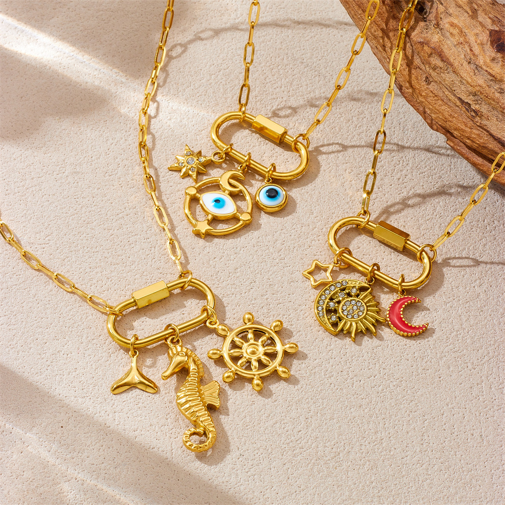 European and American cross-border personalized creative multi-element pendant marine life dripping oil moon ship wheel eye accessory necklace