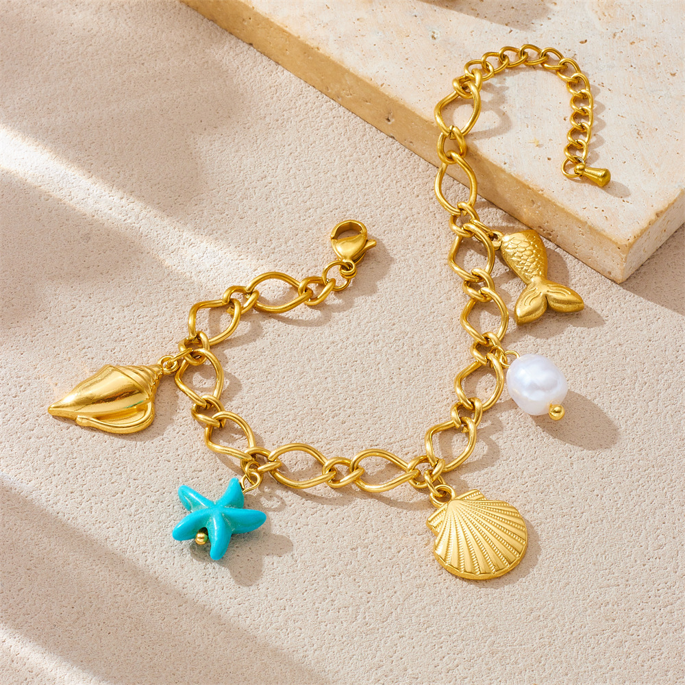 European and American style stainless steel pearl personalized ocean series seashell starfish pendant versatile 18K gold plated bracelet