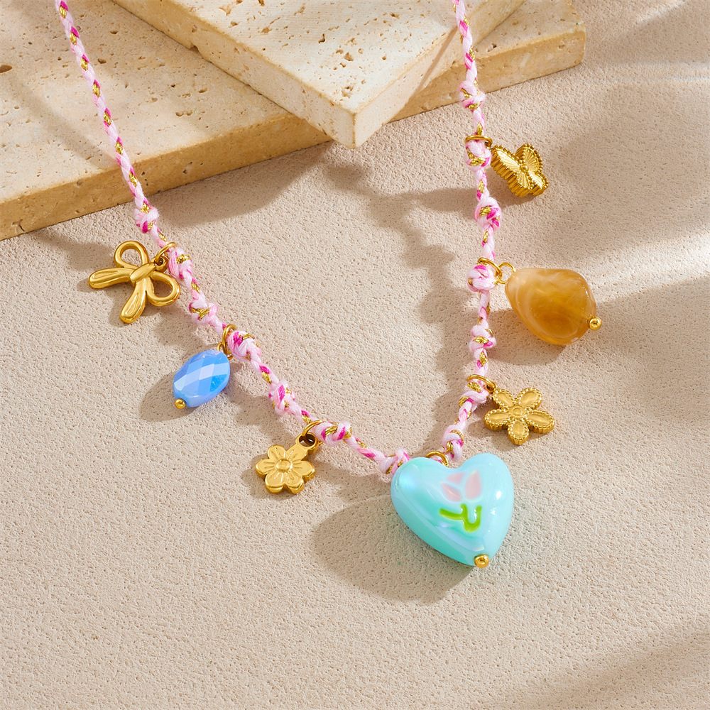 Korean style new creative fashion color-blocked woven rope knotted stainless steel flower sun heart drip print necklace
