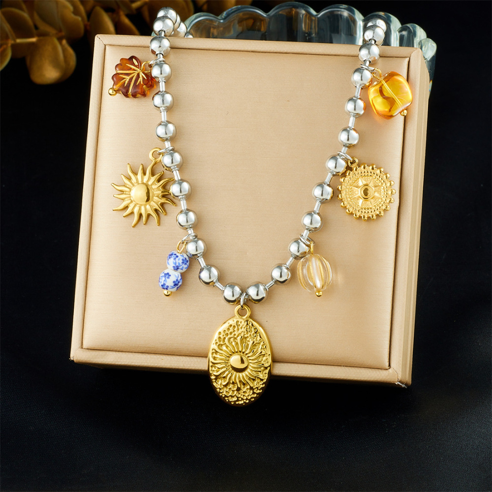 European and American minimalist style multi-element accessories oval relief sunflower pendant stainless steel beaded necklace