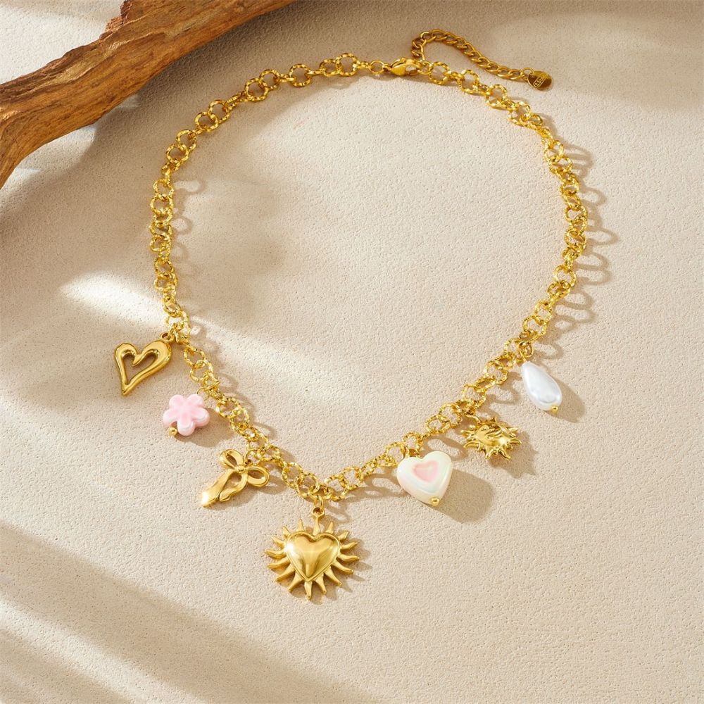 European and American cross-border multi-element gold-plated sun heart bow pendant pearl sparkling O chain stainless steel clavicle necklace