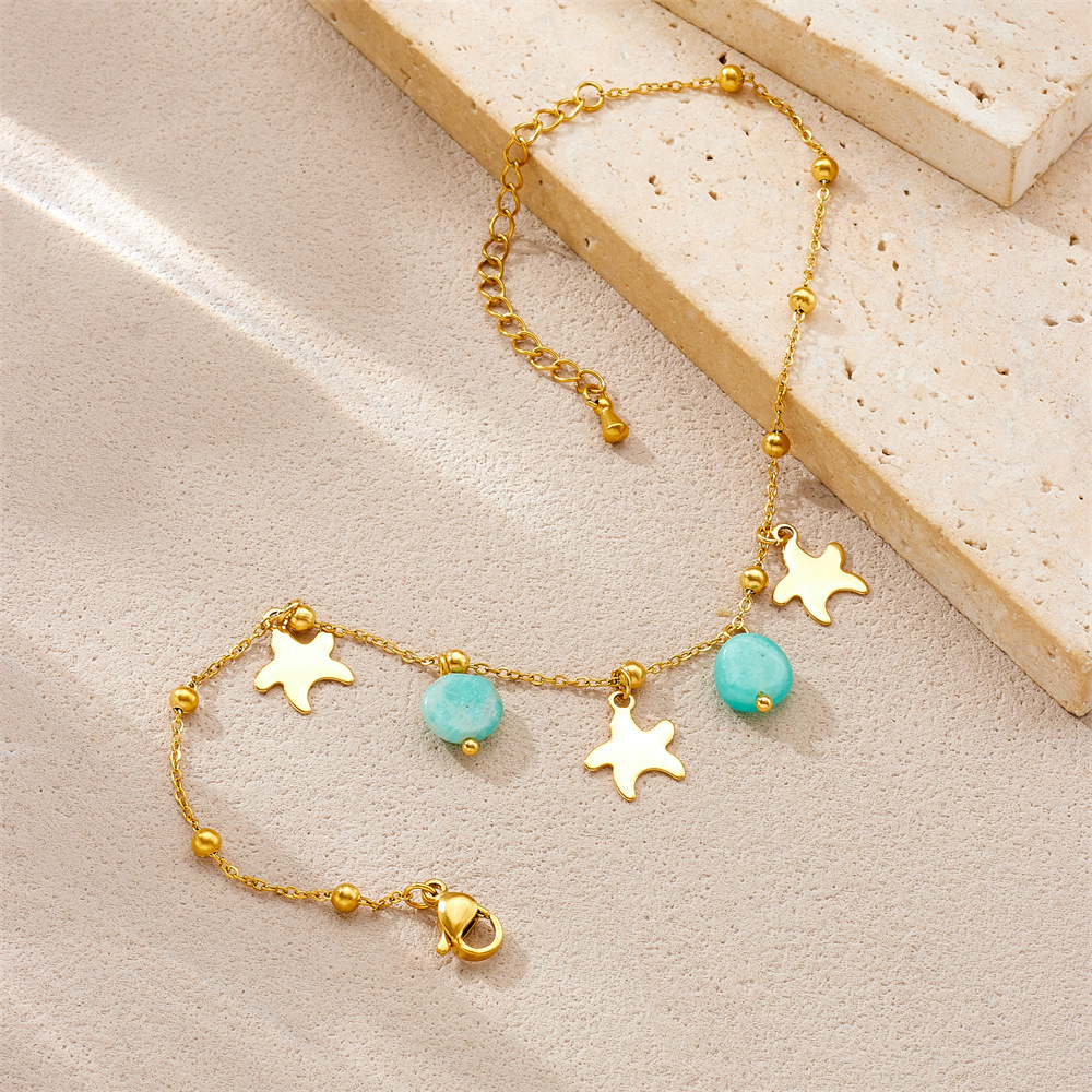 Niche fashion versatile mint green stone pendant, polished starfish, gold-plated stainless steel chain, jewelry anklet.