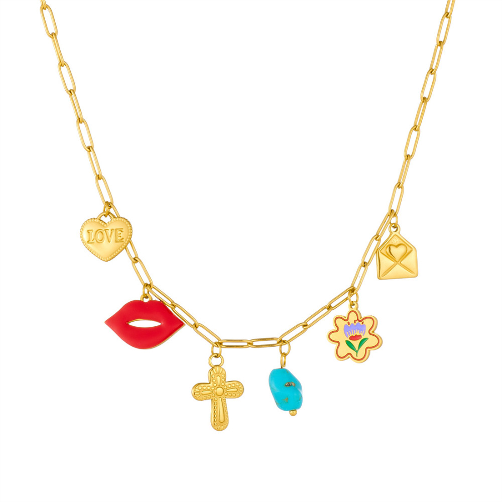 Korean style, fashionable and fresh, multi-element gold-plated drip flower, lip, cross, turquoise pendant necklace