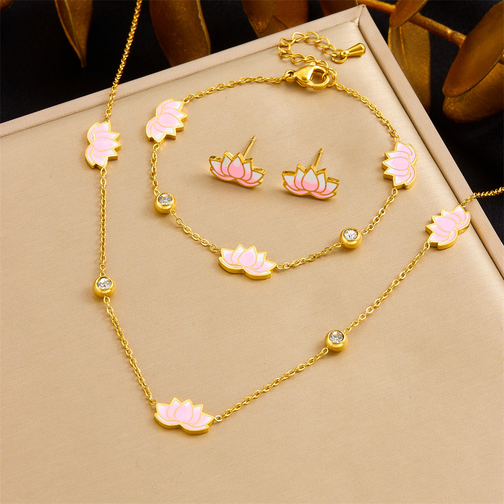 Fashionable and minimalist new Chinese style epoxy resin pink gradient lotus flower rhinestone-encrusted delicate chain necklace, earrings, and bracelet set