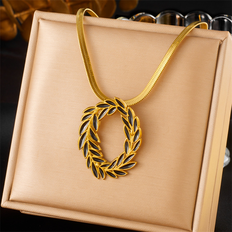 European and American style retro stainless steel black leaf gold-plated earrings, rings, necklaces, jewelry set