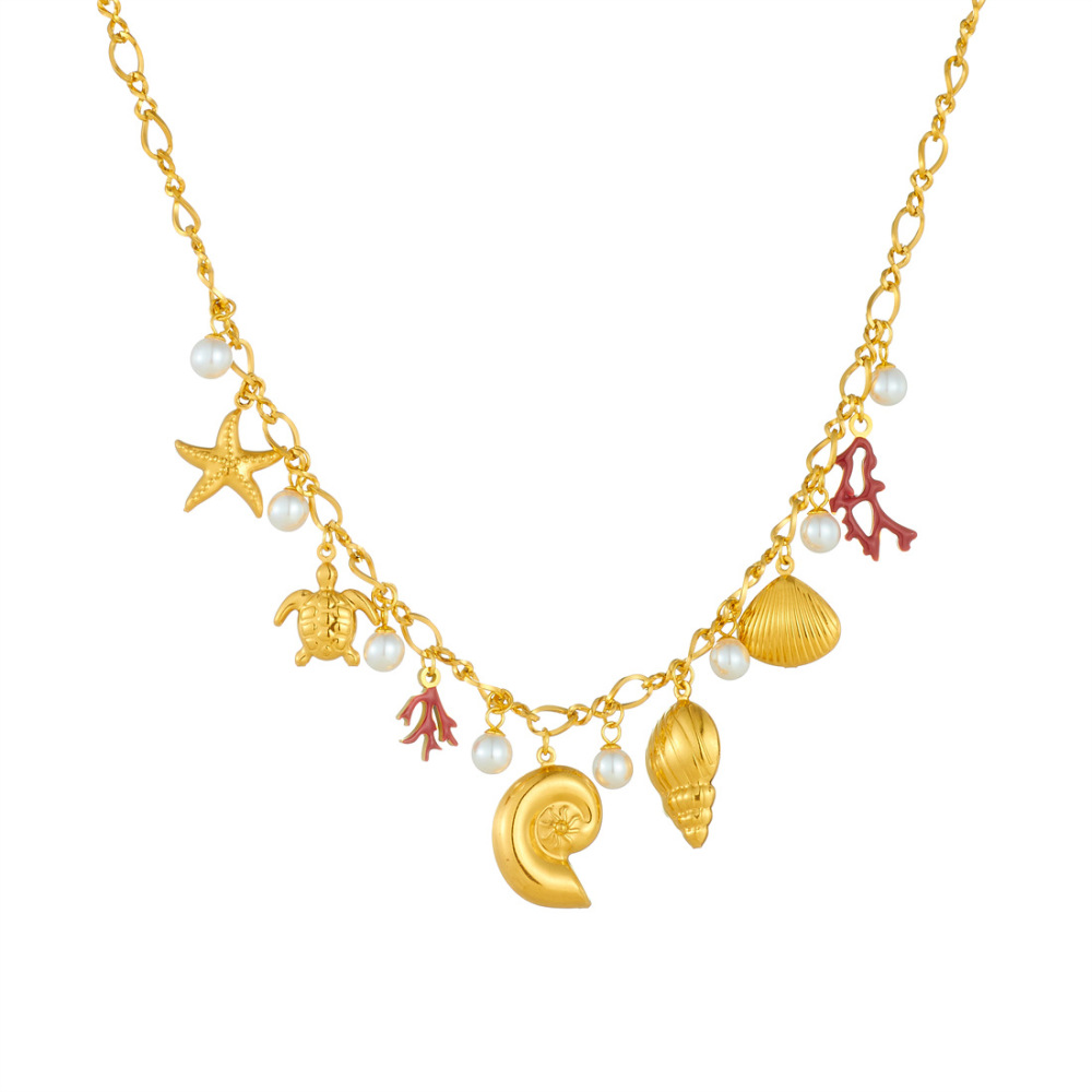 Cross-border fashion niche design gold-plated starfish, conch, coral dripping oil pendant stainless steel chain personalized necklace
