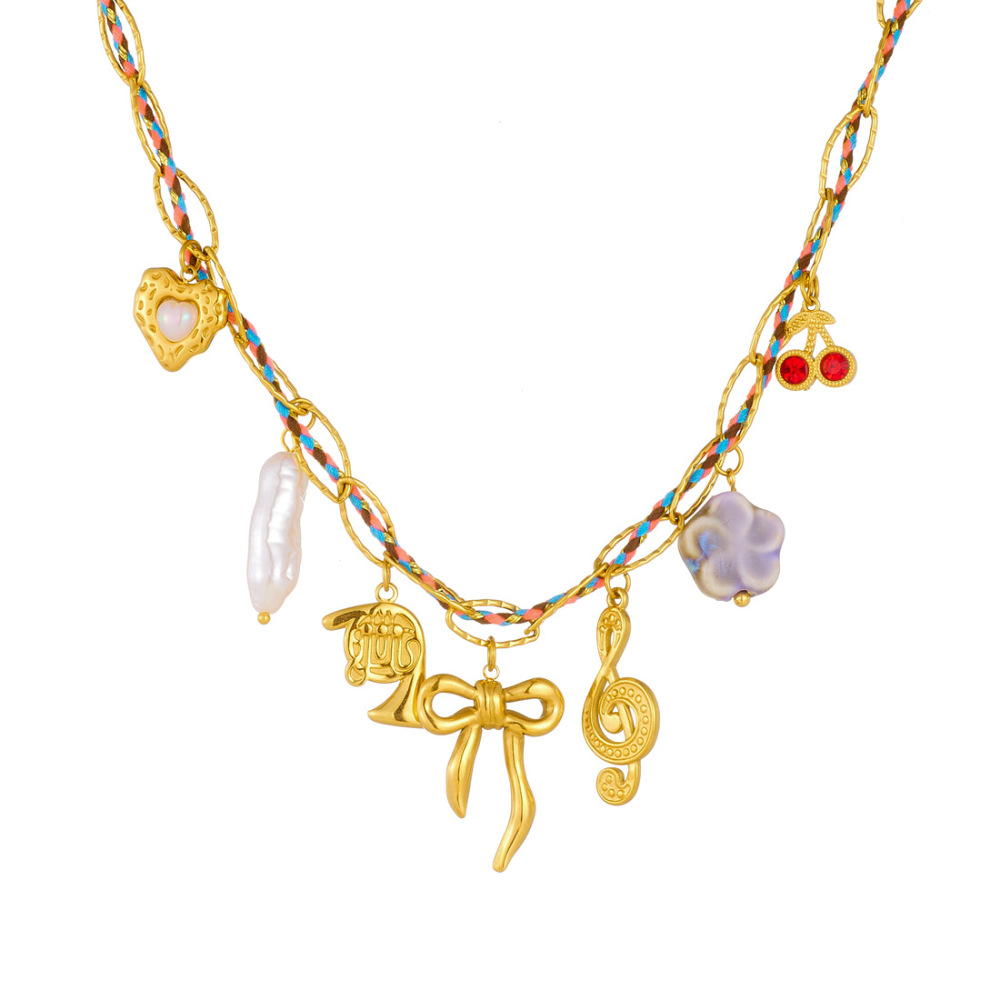 Cross-border fashion gold-plated musical note bow heart pendant chain colorful woven rope stainless steel metal necklace
