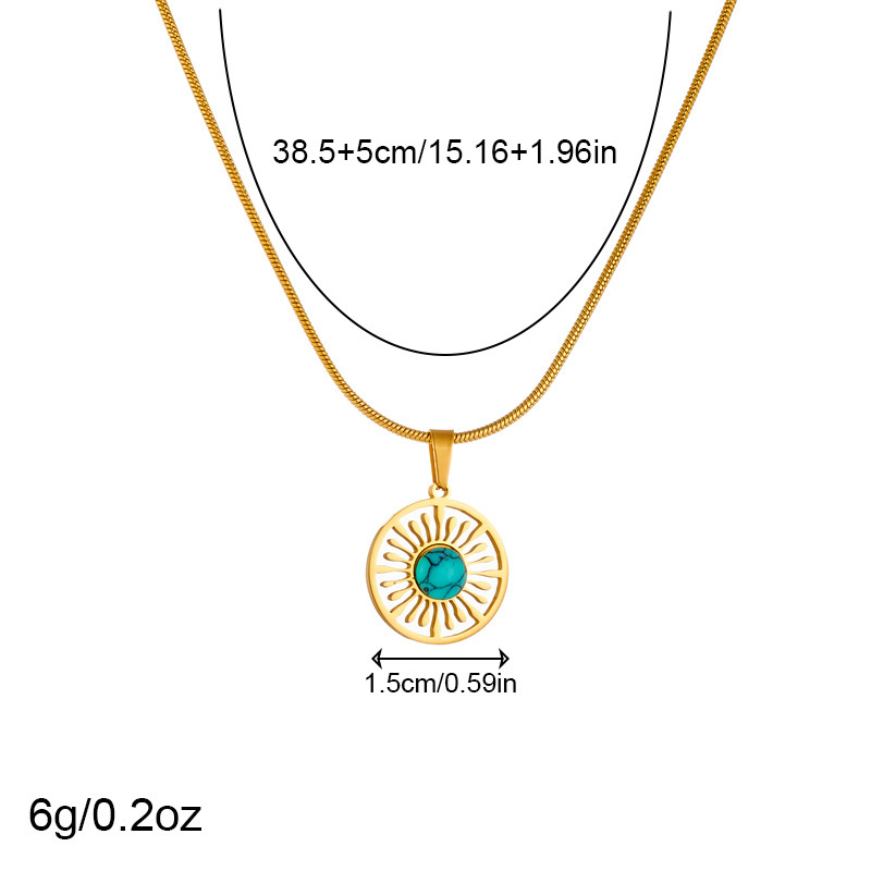 Fashionable, retro, simple, versatile round geometric turquoise accessory chain stainless steel gold-plated jewelry necklace and earrings