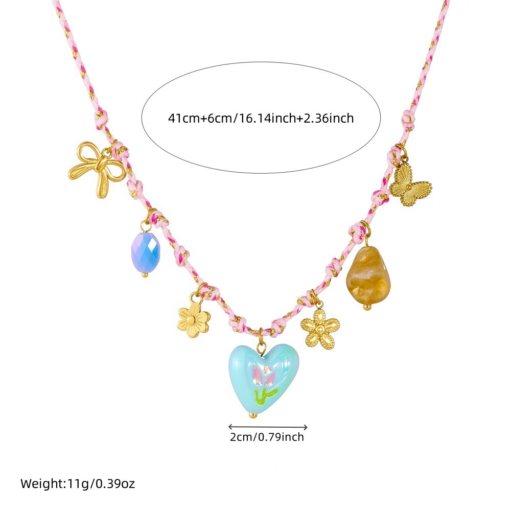 Korean style new creative fashion color-blocked woven rope knotted stainless steel flower sun heart drip print necklace