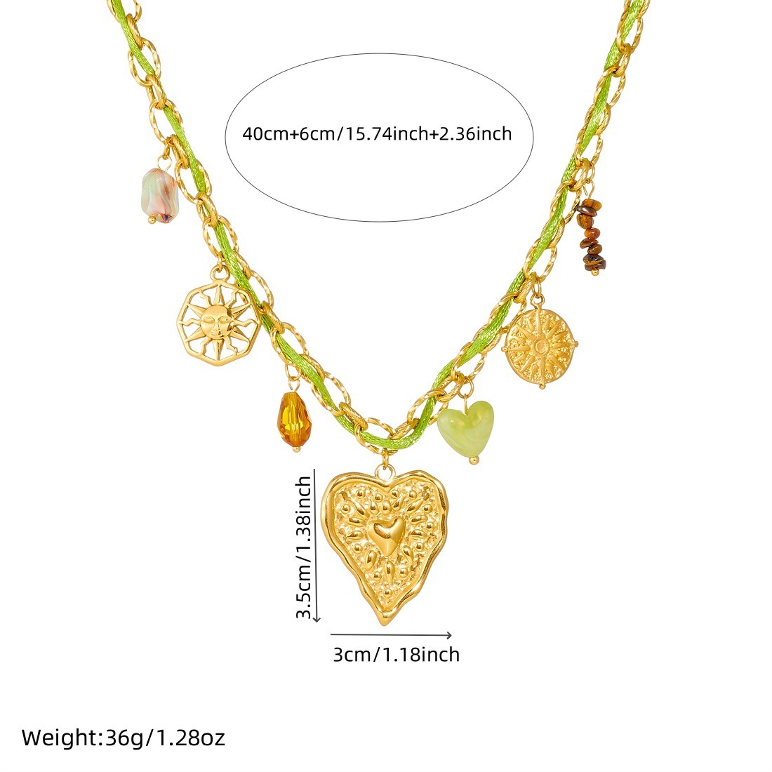 Cross-border popular colorful pendant braided rope metal chain gold-plated irregular heart accessory pastoral style necklace