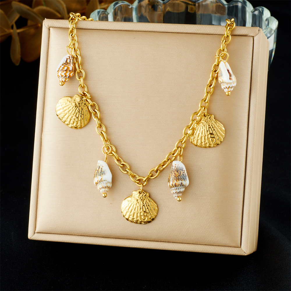 Cross-border fashion, unique retro bohemian style, seashell and scallop gold-plated pendant chain stainless steel jewelry necklace