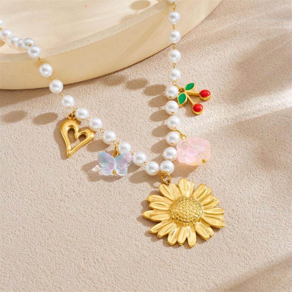 European and American style pearl chain gold-plated cherry fruit pendant heart sunflower flower accessory necklace
