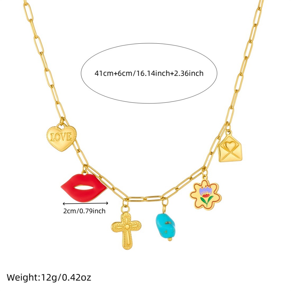 Korean style, fashionable and fresh, multi-element gold-plated drip flower, lip, cross, turquoise pendant necklace