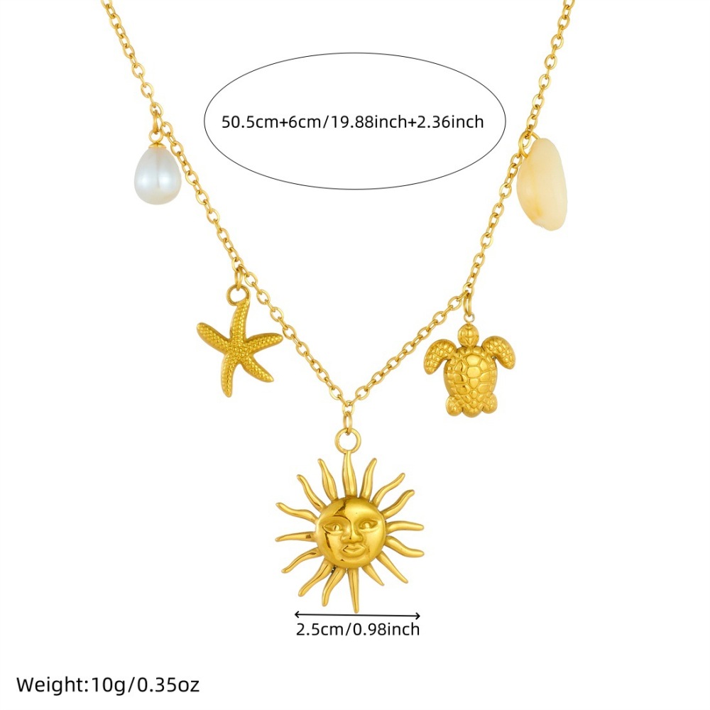 Cross-border fashion shell pearl gold-plated turtle starfish face sun pendant chain stainless steel minimalist style necklace