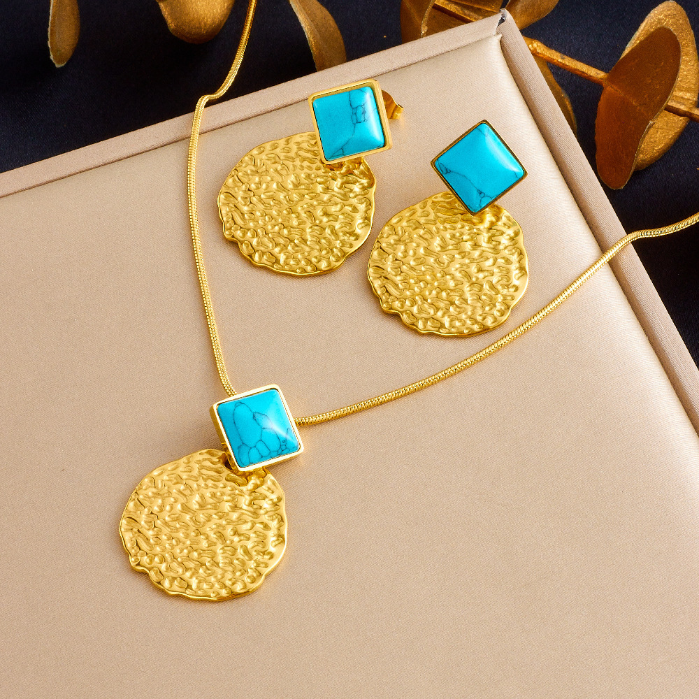 New Chinese style retro fashion versatile ginkgo blue turquoise square and circle concave and convex pendant earring necklace set