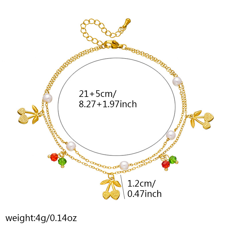 Korean style cute cherry pendant, fashionable stainless steel, double-layer chain, versatile everyday anklet.