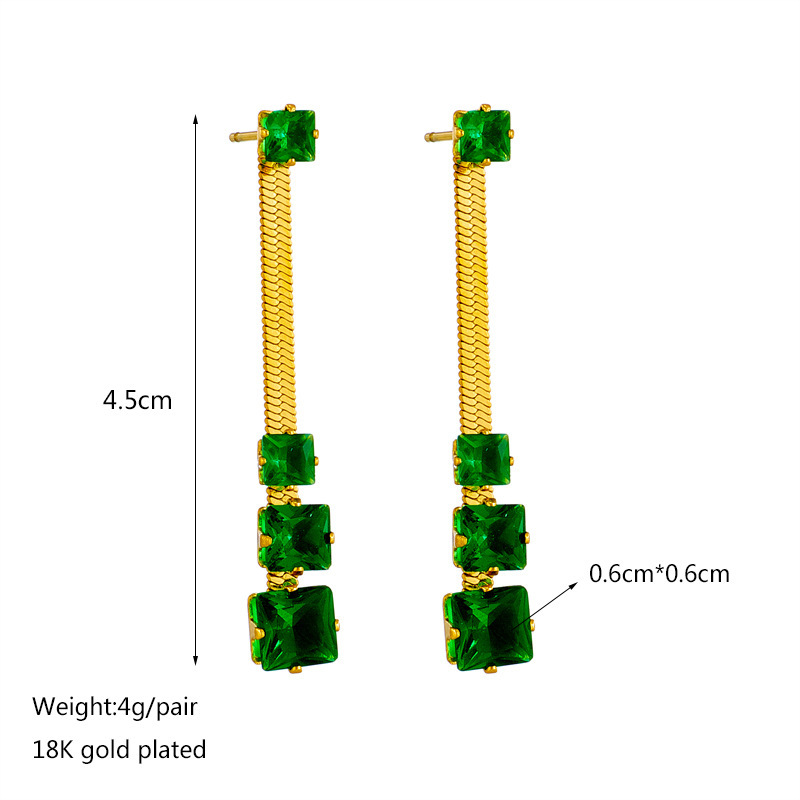 Korean style niche fashion minimalist blade chain square transparent green diamond-encrusted earrings retro titanium steel metal studs