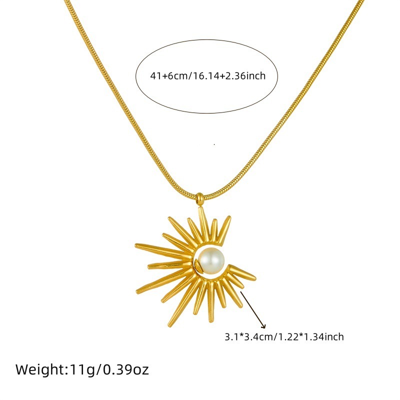 European and American style retro sunflower pearl pendant clavicle chain stainless steel necklace, earrings, and ring three-piece set
