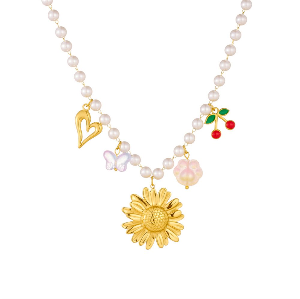 European and American style pearl chain gold-plated cherry fruit pendant heart sunflower flower accessory necklace